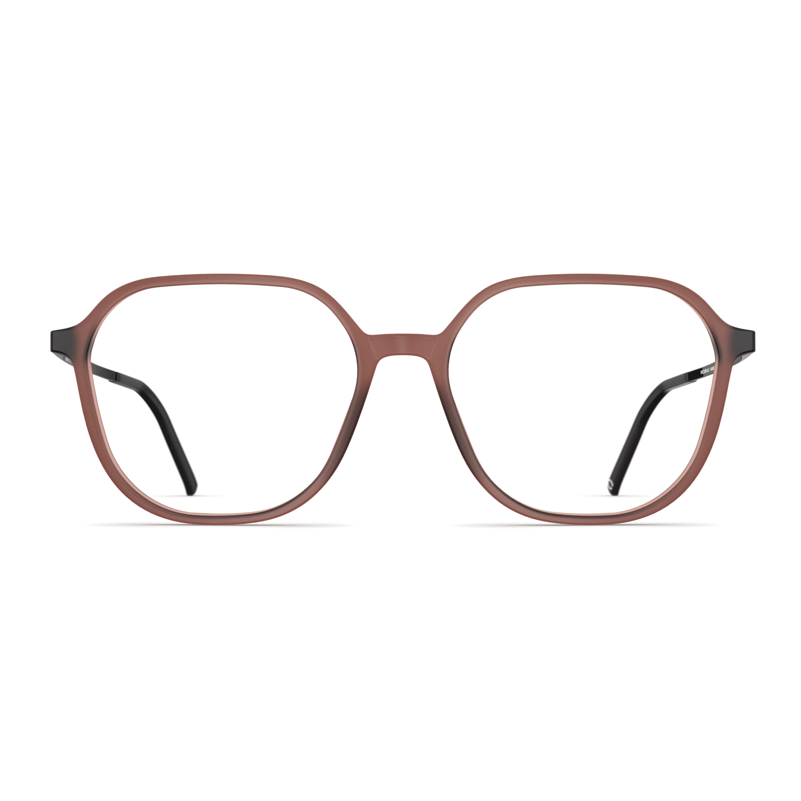 Damenbrille Neubau Anouk T177 mit runder, brauner Fassung und schmalen schwarzen Bügeln, Vorderansicht.