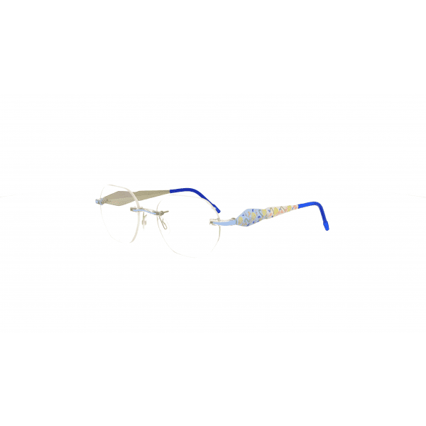Abgebildet ist die Garnitur Switch it SI 3520 Damenbrille in Hellblau mit buntem Bügeldesign, gezeigt auf weißem Hintergrund.