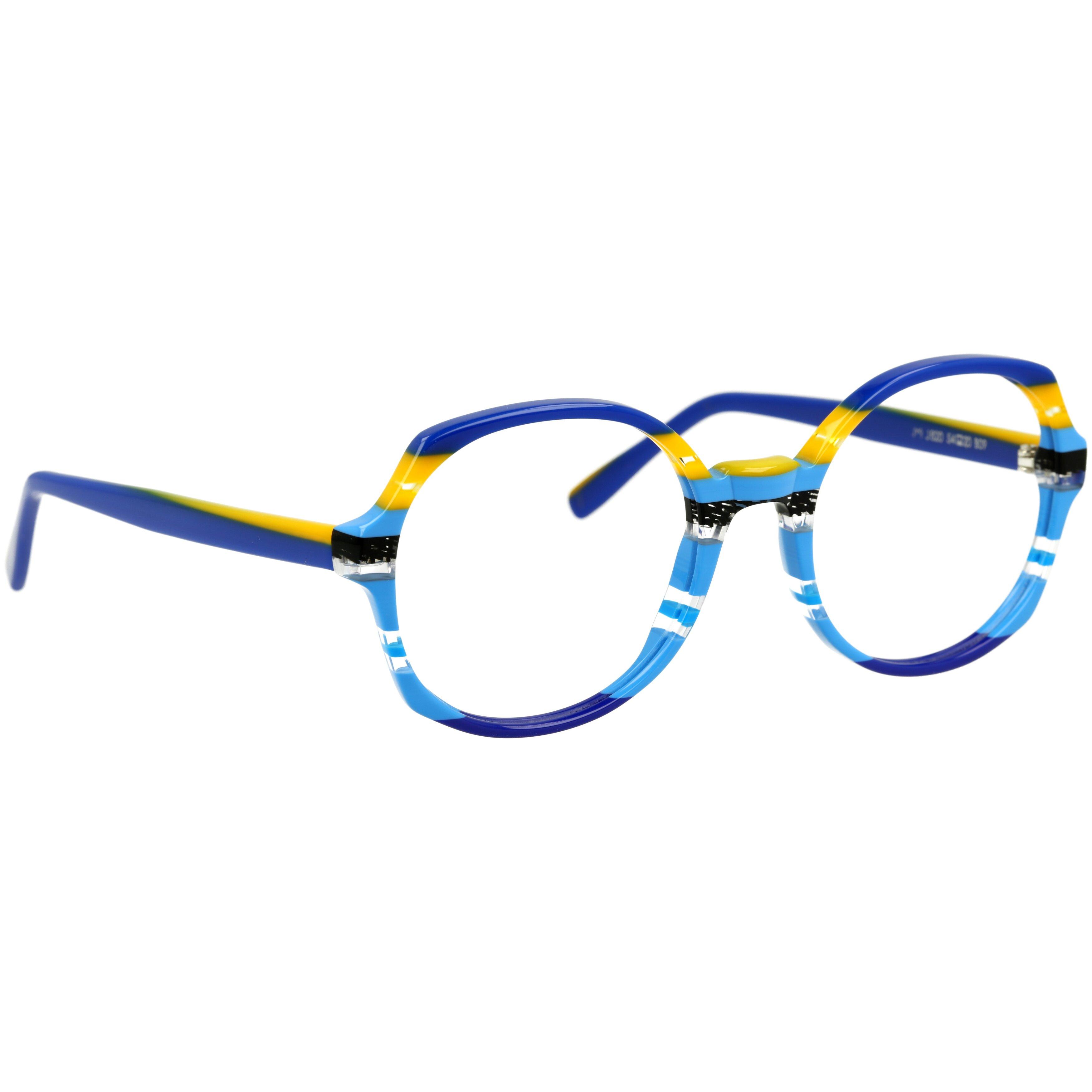 Damenbrille Johann von Goisern J820 mit rundem Gestell in Blau, Gelb und Schwarz sowie einzigartigem Farbdesign.