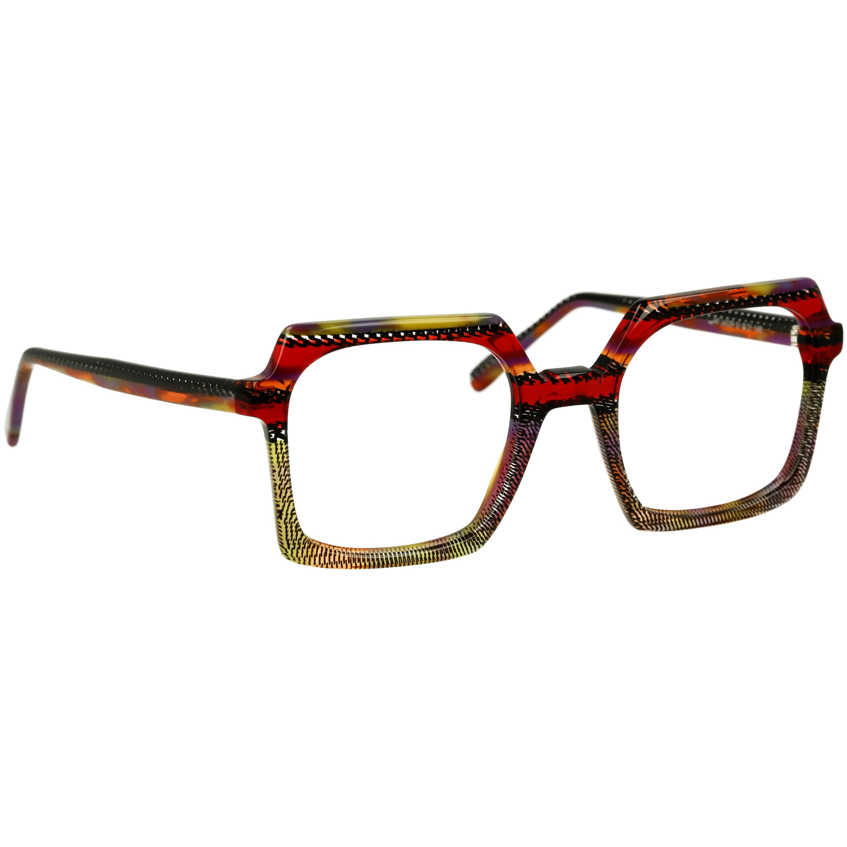 Damenbrille Johann von Goisern JA029 mit eckigem Rahmen in Rot- und Brauntönen, auffälliges Design.