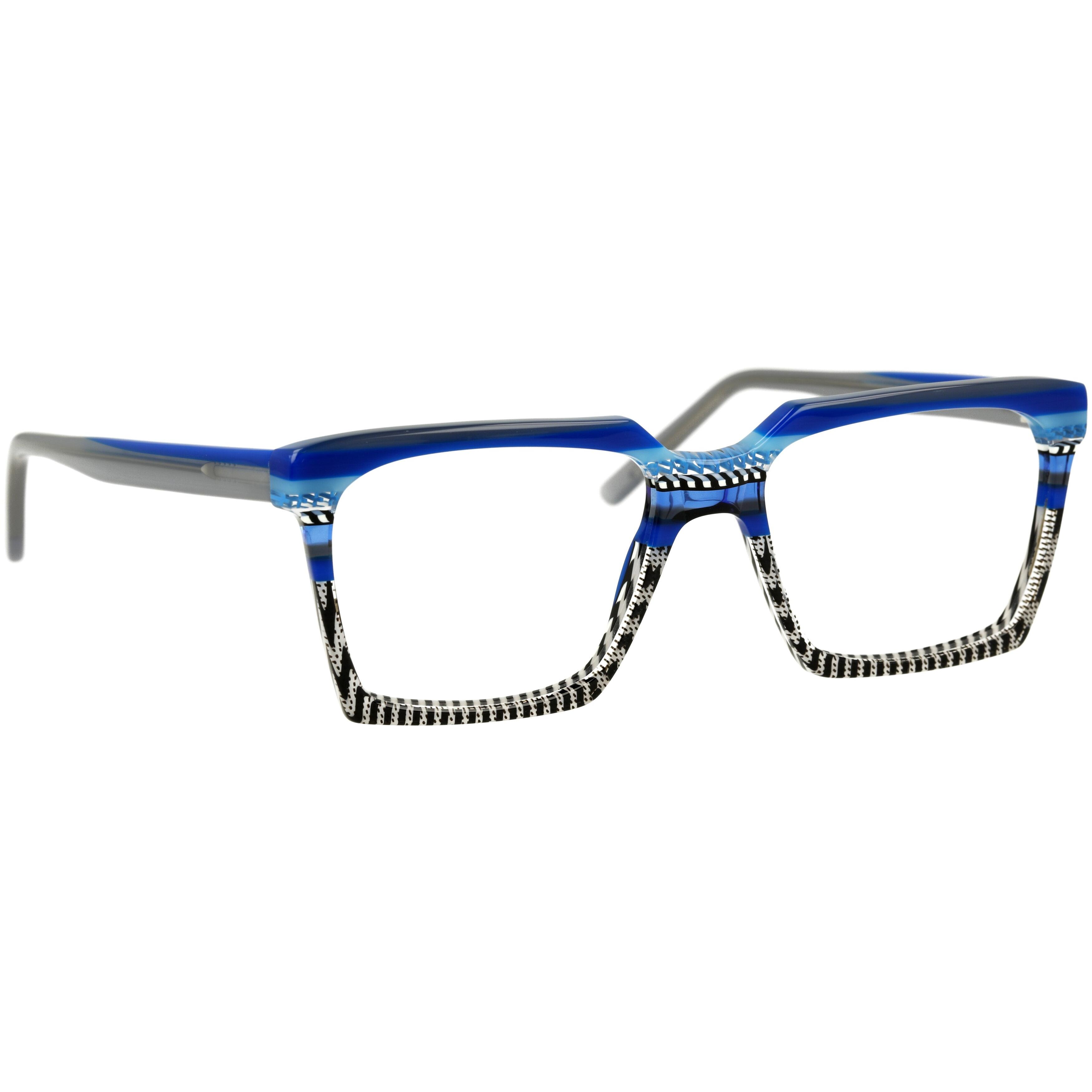 Herrenbrille Johann von Goisern JA032 mit rechteckigem Rahmen in Blau und gemusterten Details auf der Vorderseite.