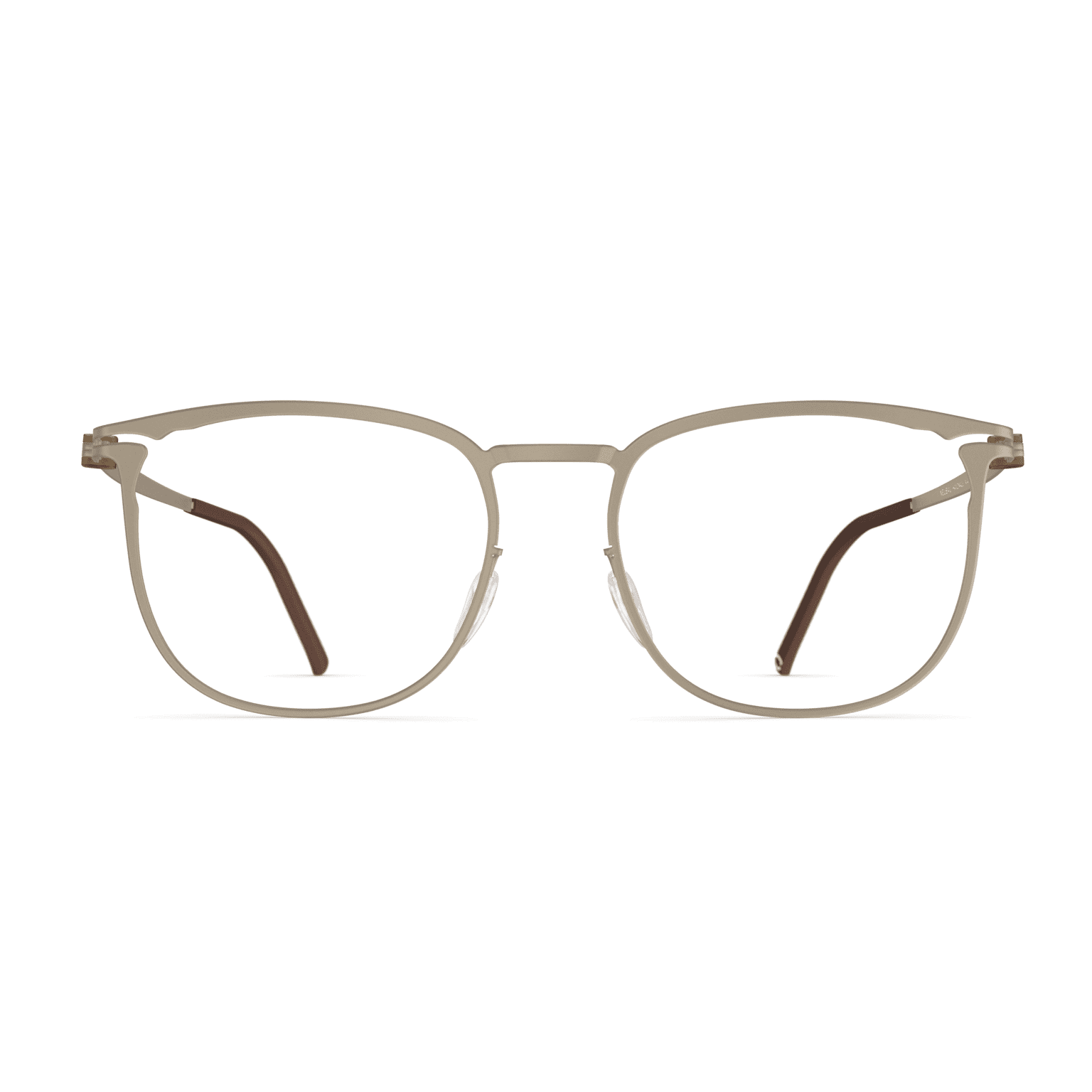 Herrenbrille Neubau Noah T116 aus Metall in hellem Beige, filigranes Design mit klaren Gläsern und braunen Bügelenden.