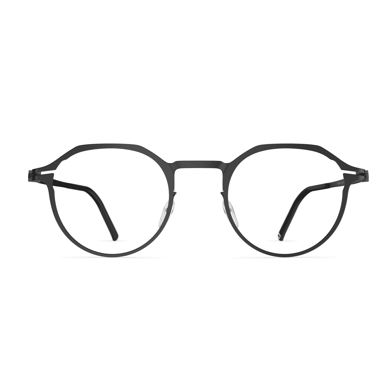 Herrenbrille Neubau Nino T123 in schwarzem, rundem Design mit schmalem Metallrahmen und klaren Gläsern.