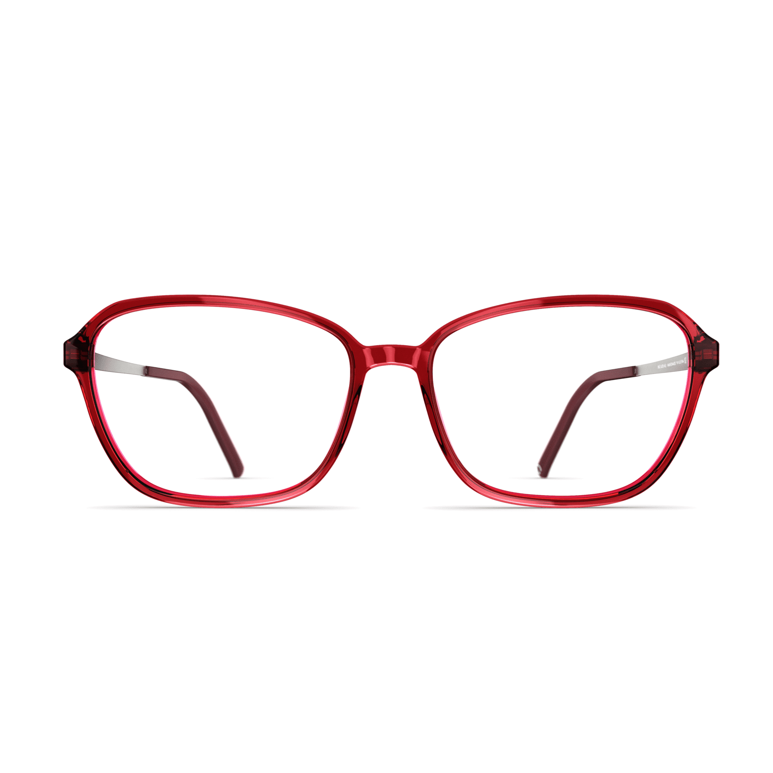 Rote Damenbrille Neubau Pia T155 mit rechteckigem Rahmen und schmalen Bügeln, frontal abgebildet.
