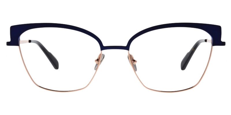 Tora-45720 blau Colibris Eyewear Damenbrille Tora mit dunkelblauem Rahmen und goldenen Akzenten, frontal abgebildet.