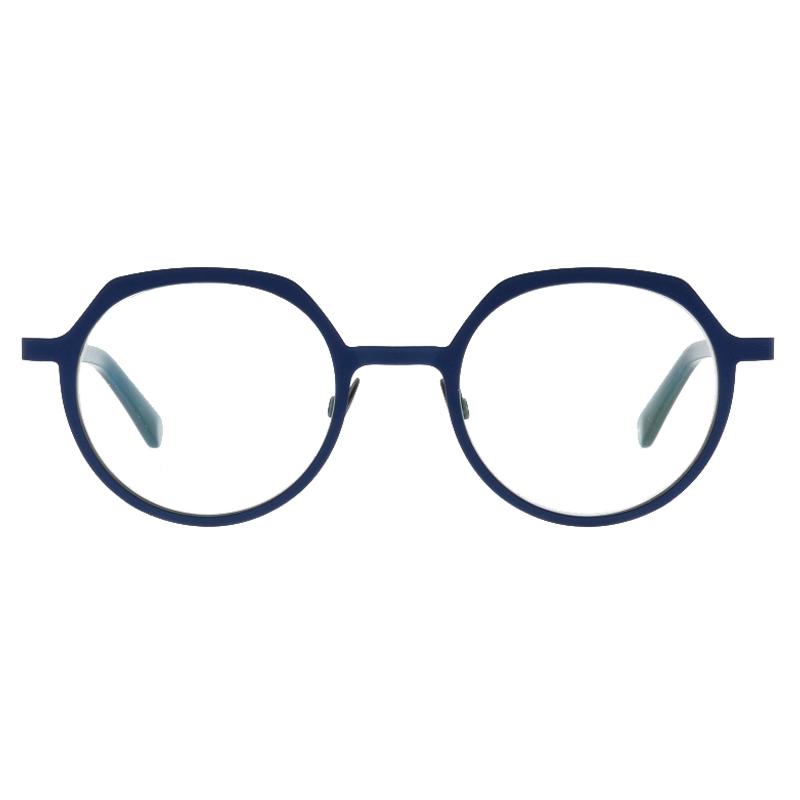 Damenbrille Colibris Lara mit rundem, blauem Gestell und hellen Bügelenden, vorne abgebildet.