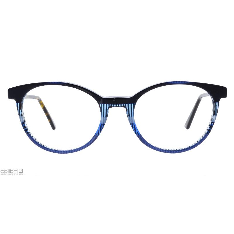 Damenbrille Colibris Marie mit rundem blau-schwarzen Gestell, Ansicht von vorne.