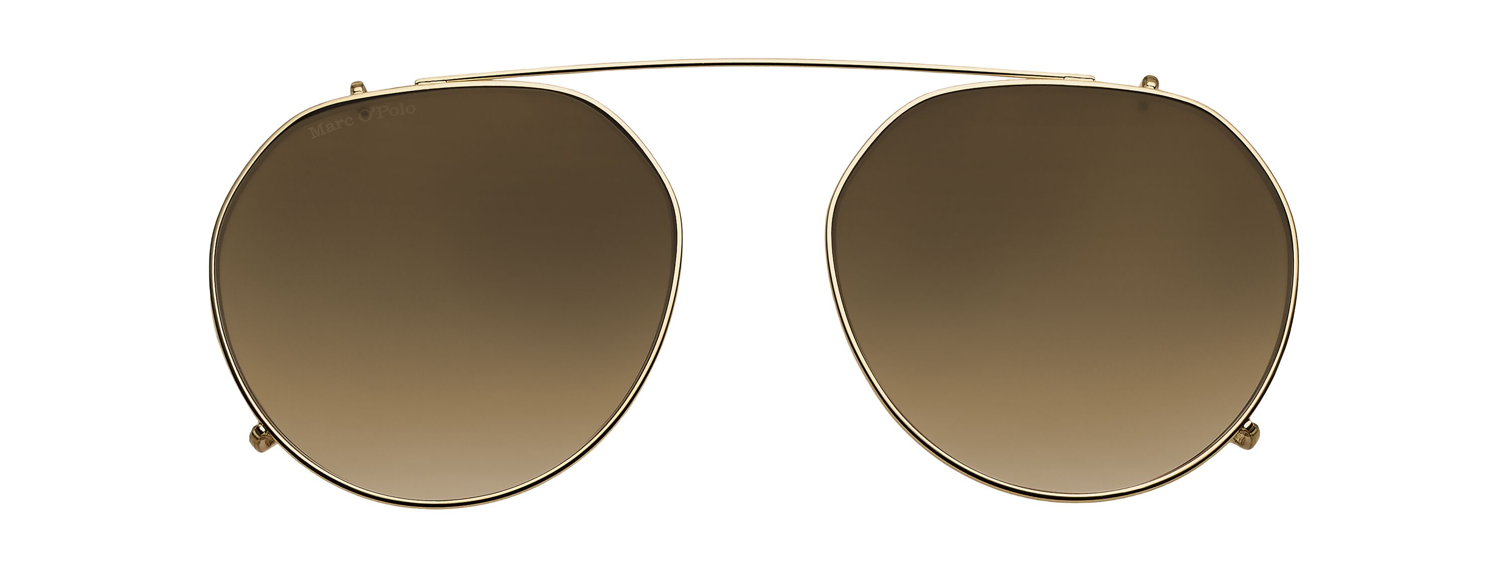 Marco Polo Clip 503264 C gold mit braun verlaufenden Gläsern Nahaufnahme einer Marco-Polo-Brille auf weißem Hintergrund. Das Gestell wirkt leicht und modern, mit schmalen Bügeln und klaren Linien.