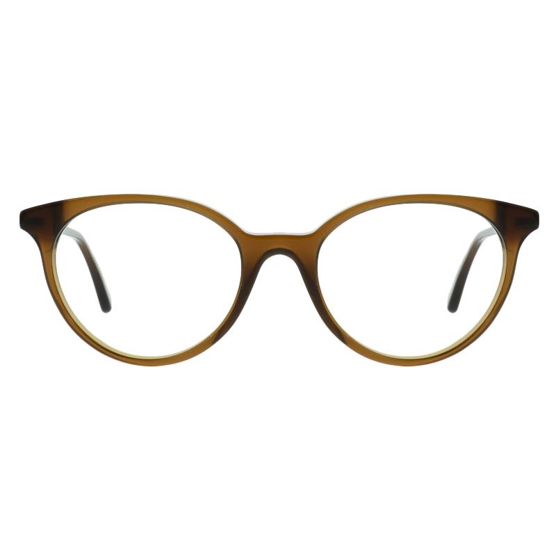 Helena103 Damenbrille Colibris-Helena mit braunem, rundem Rahmen und klaren Gläsern, Frontalansicht.