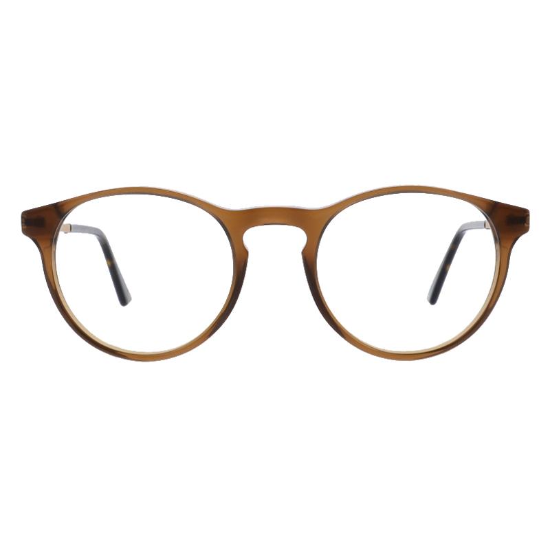 Damenbrille Colibris Milo mit rundem, braunem Rahmen und klaren Gläsern, frontal abgebildet.