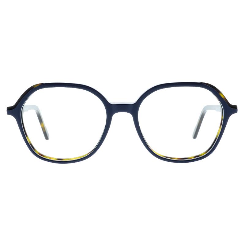 Colibris Nika 12201 Damenbrille Colibris Nika, runde Fassung in Dunkelblau mit gelben Akzenten, Vorderansicht.