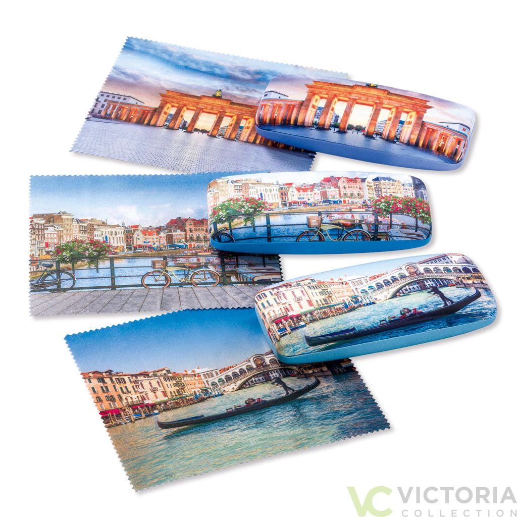 Brillenetui aus Metall mit Reisesouvenir-Motiv, grauem Innenfutter und Mikrofasertuch, in drei Farben erhältlich