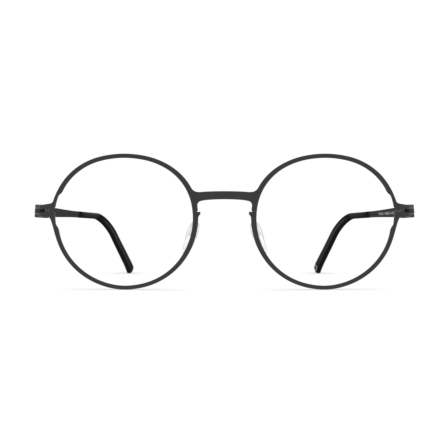 Unisexbrille Neubau Jona T136 mit runden schwarzen Metallrahmen und klaren Gläsern, minimalistisch und zeitloses Design.