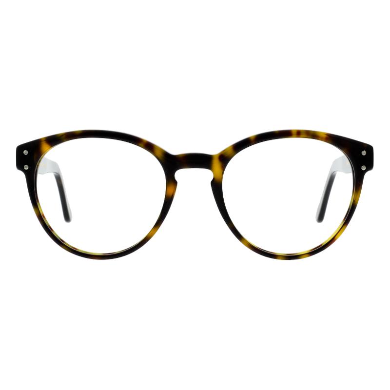 Unisexbrille Colibris Bente mit rundem, braun-gelb gemustertem Rahmen, Frontansicht.