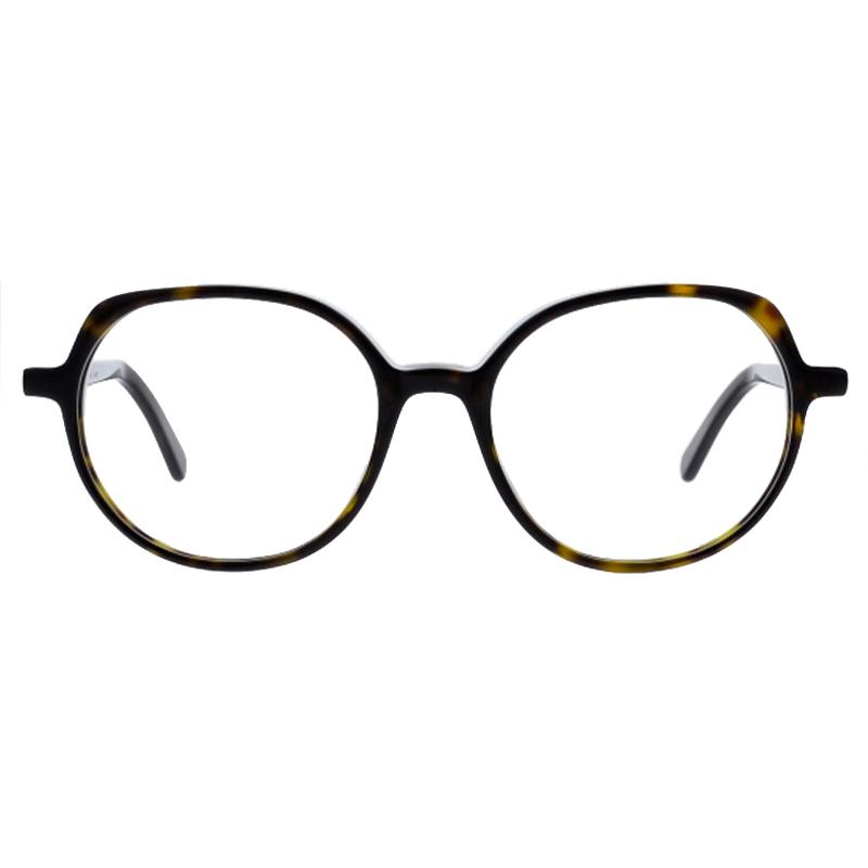 emilia09 Damenbrille Colibris Emilia mit rundem, braun gemustertem Rahmen, frontal abgebildet.