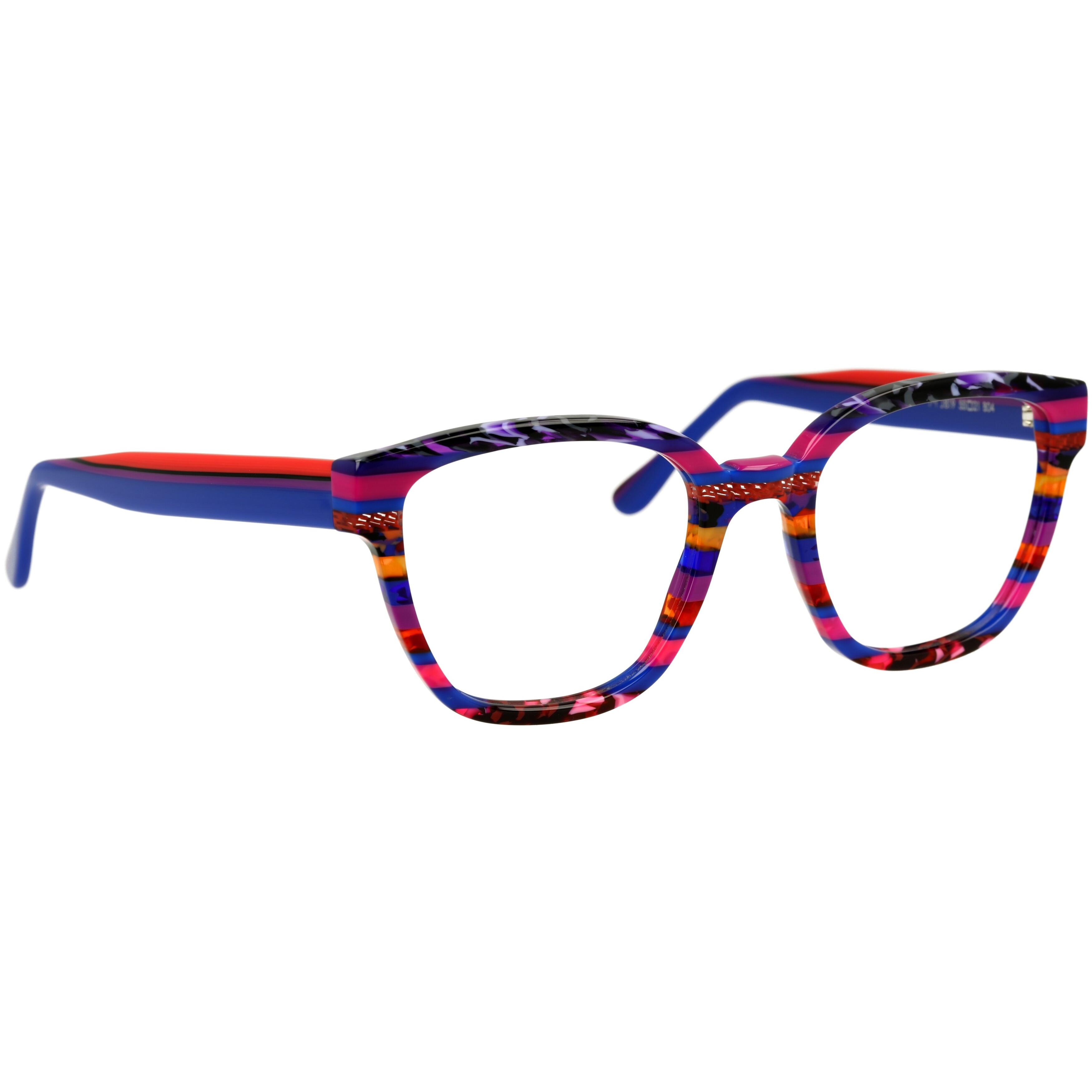 Unisexbrille Johann von Goisern J819 mit farbenfrohem Streifenmuster und rechteckigen Rahmen.