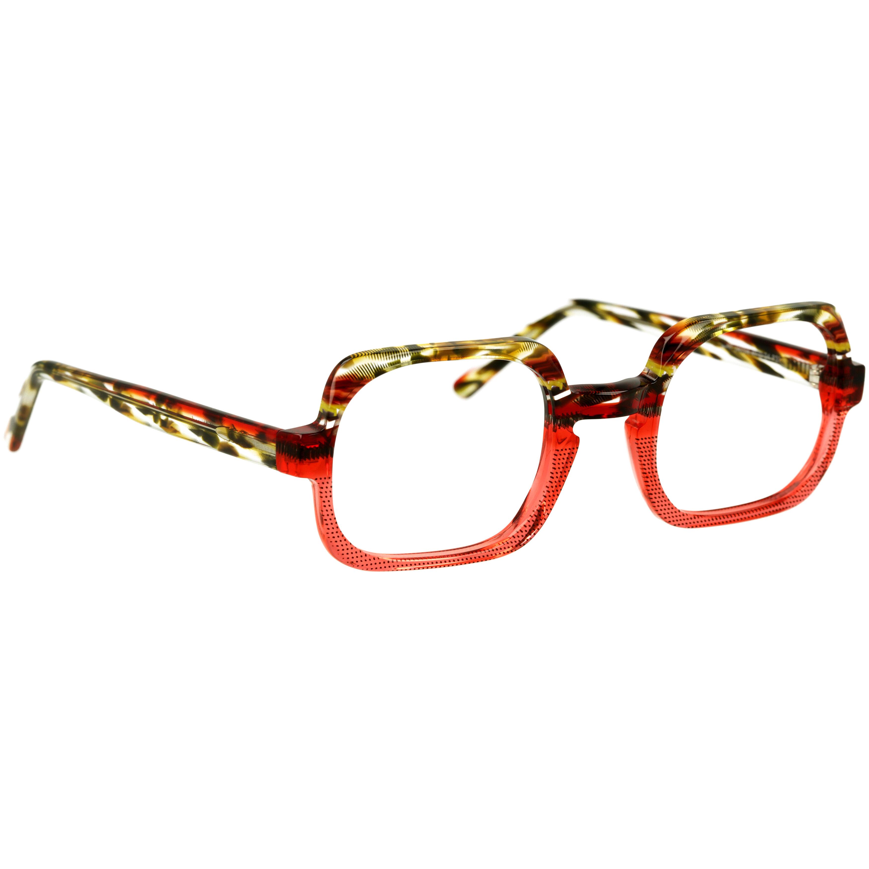 Unisexbrille Johann von Goisern JA024 mit rot gemusterter Vorderseite und mehrfarbig transparenten Bügeln.