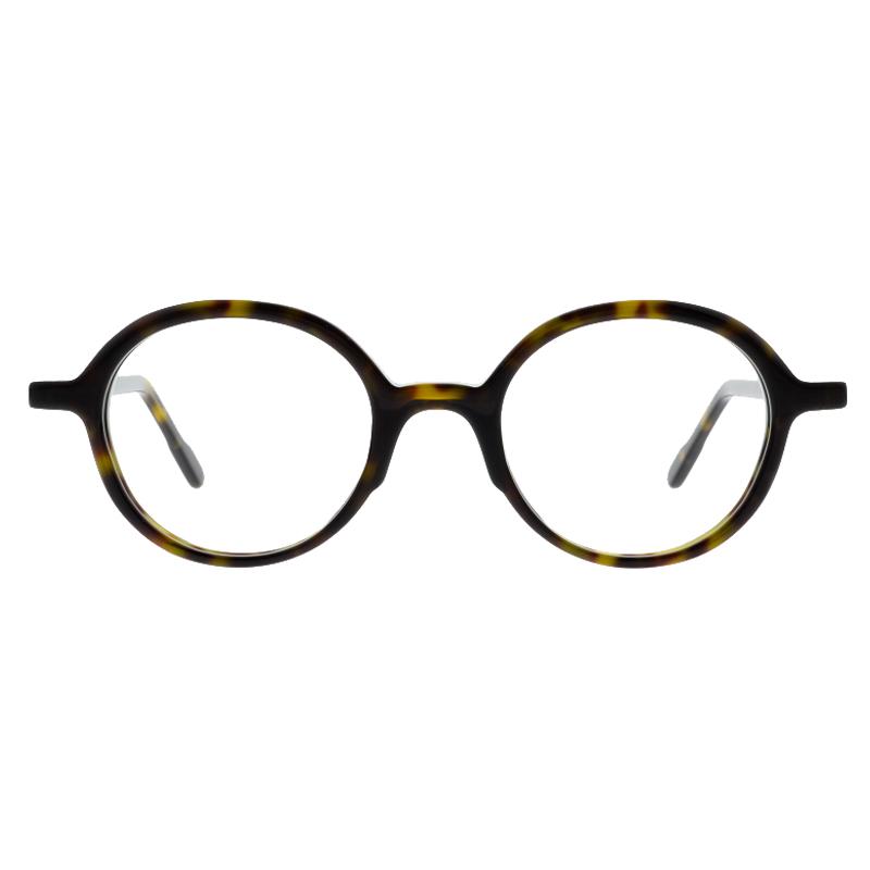 Runde Damenbrille Colibris Peppa mit braun-gelbem Havanna-Muster, Vorderansicht.