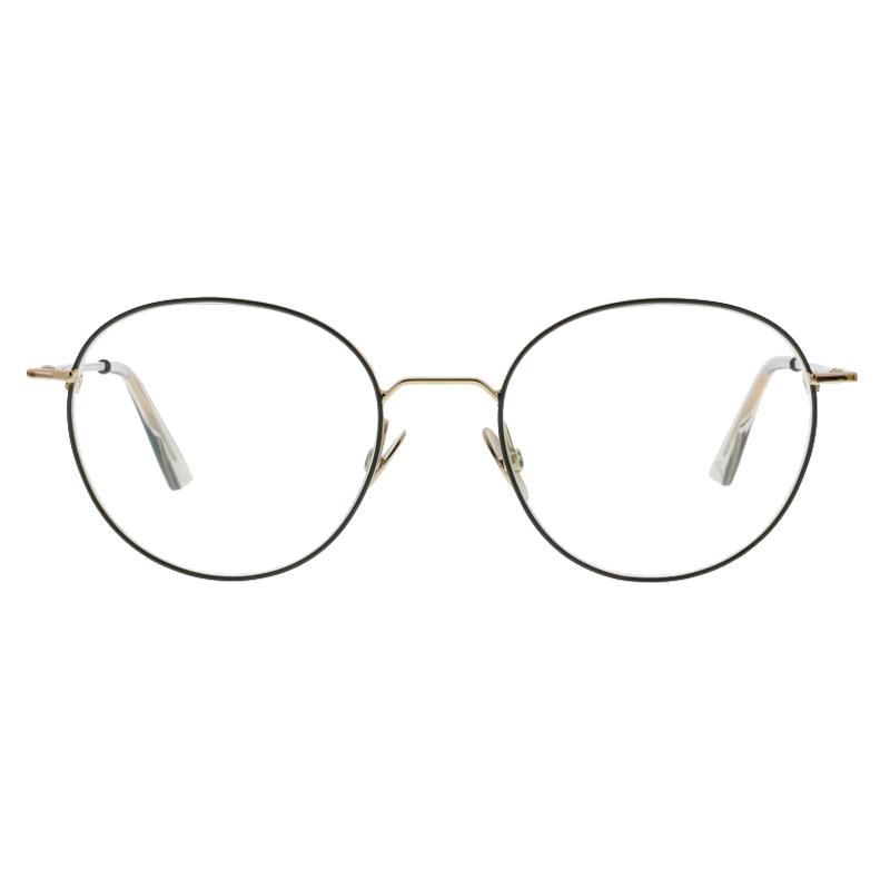 Unisexbrille Colibris Fanni mit runden, dünnen Metallrahmen in Gold und Schwarz, frontal abgebildet.