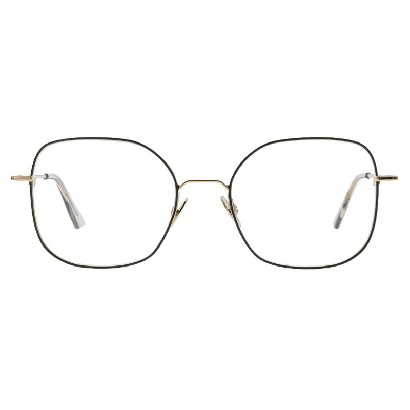 Damenbrille Colibris Flora mit filigranem, eckigem Metallrahmen in Gold und Schwarz, frontale Ansicht.