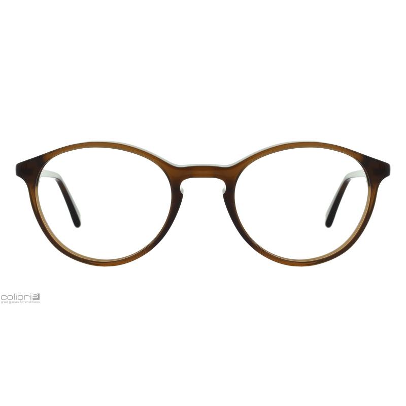 Unisexbrille Colibris Hannes mit rundem, braunem Rahmen und transparenten Gläsern, frontal abgebildet.