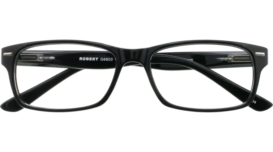 ROBERT - schwarze Kunststoff-Fertiglesehilfe mit Federtechnik und praktischem Etui für komfortables Lesen unterwegs.