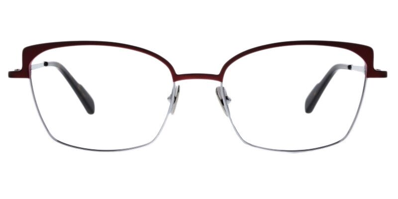 Colibris Eyewear Damenbrille Tala mit rot-silbernem Rahmen, rechteckige Gläser, moderne Optik.